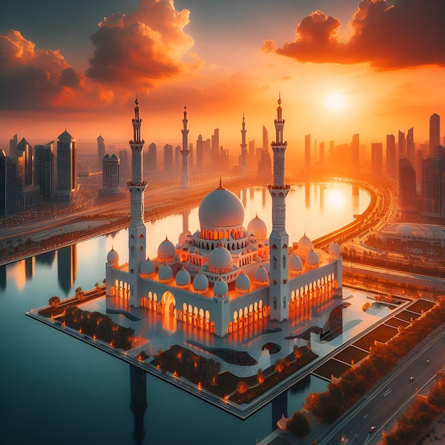 De belles photos de mosquées au coucher du soleil et d'un paysage ensoleillé