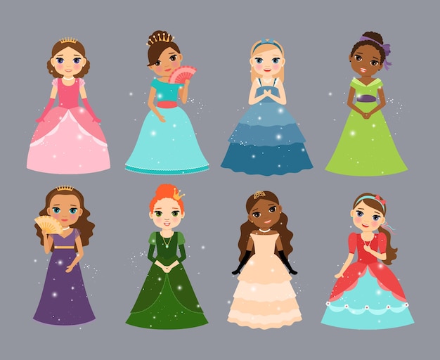 Belles Princesses. Ensemble D'illustrations Vectorielles De Personnages Mignons De Petite Fée Ou De Reine