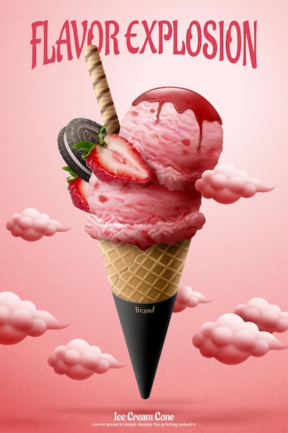 Belles Publicités De Cornet De Crème Glacée à La Fraise Avec Des Fruits Frais Et Un Biscuit Au Chocolat