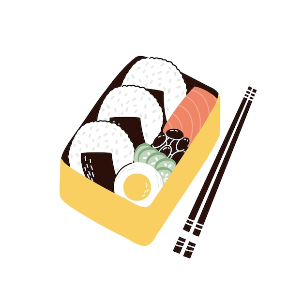 Vecteur bento avec concombres de saumon onigiri et oeuf bouilli illustration vectorielle dessinée à la main dans un style plat