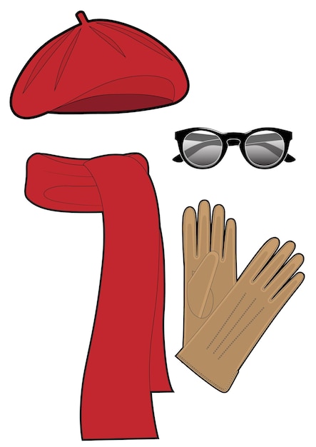 Vecteur béret rouge, écharpe, gants et lunettes à la mode. illustration vectorielle pour impression. objets isolés