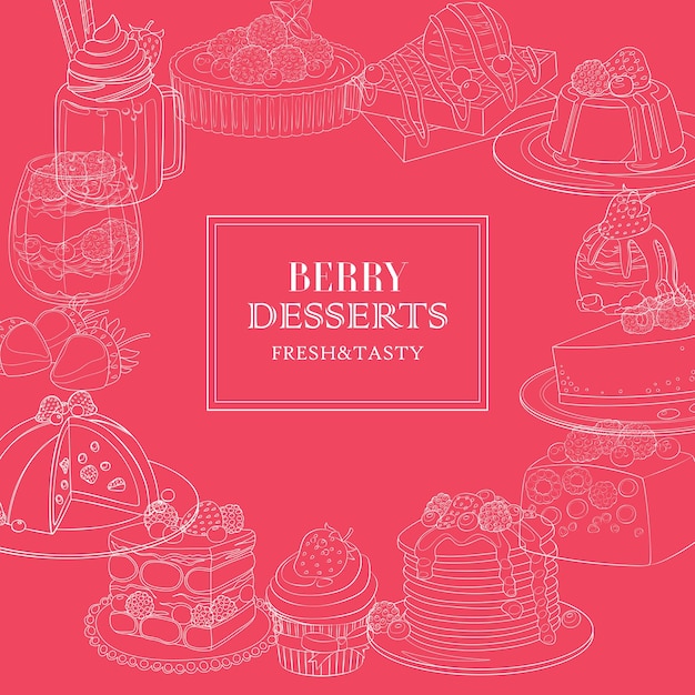 Berry dessert croquis vector illustration lignes blanches sur fond clair