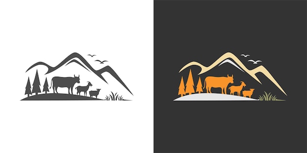 Vecteur le bétail le mouton la chèvre la vache l'arbre le logo de la montagne le bétail l'illustration vectorielle