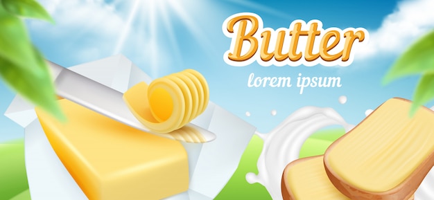 Beurre. Forfait Publicitaire De Petit-déjeuner Quotidien Margarine Au Beurre De Lait Crémeux Boucles Modèle De Plaque Signalétique De Produit Délicieux