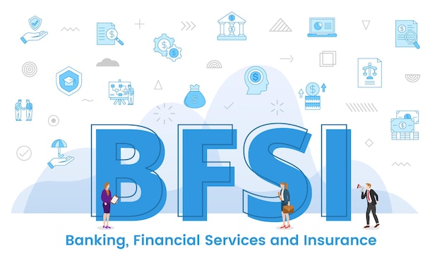 Bfsi services financiers bancaires et concept d'assurance avec de grands mots et des personnes entourées d'une icône associée avec un style de couleur bleue