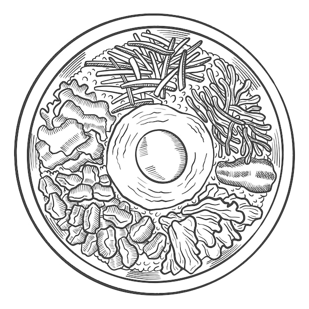 Vecteur bibimbap corée ou cuisine coréenne cuisine traditionnelle isolée doodle croquis dessiné à la main avec style de contour