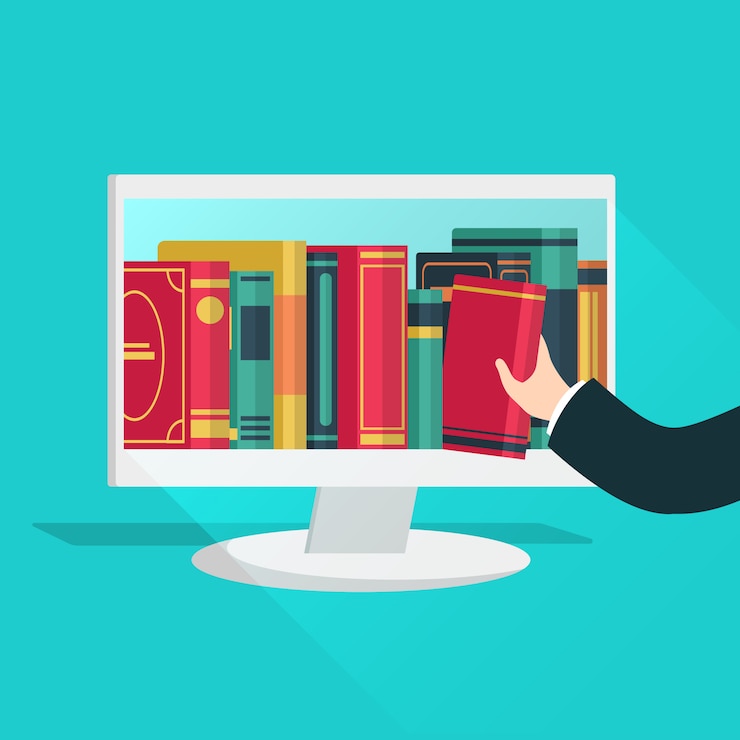 Vecteur bibliothèque en ligne. boutique de livres de site web apprentissage étude numérique lire les fichiers éducatifs du catalogue ebook internet shop device flat concept