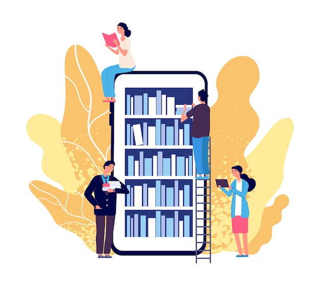 Bibliothèque En Ligne. Les Gens Lisent Des Livres. Smartphone Avec Application De Lecture. Librairie En Ligne, Bibliothèque Et Concept Plat D'éducation. Application De Livre D'éducation D'illustration, étagère Numérique Pour Les étudiants