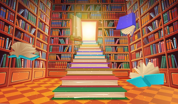 Vecteur bibliothèque livre étagères dessin animé illustration vectorielle escaliers faits de livres avec une porte ouverte sous la forme d'un livre grande pile de livres