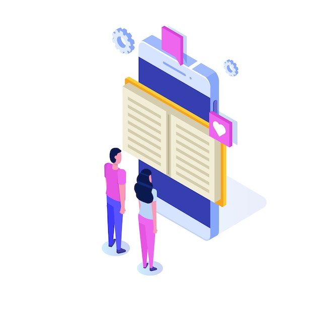Bibliothèque numérique en ligne isométrique, librairie en ligne, e-learning, eBook. illustration.