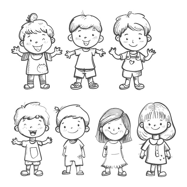 bien dessin à la main enfants mignons ensemble d'illustration de style doodle couleur noire seulement