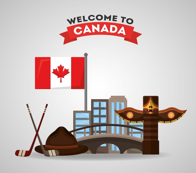 Bienvenue Au Canada Totem Bâtons De Hockey De La Ville Rondelle Et Drapeau