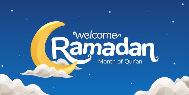 Bienvenue Au Titre De Typographie Du Ramadan Avec Croissant De Lune Et Nuage Sur Le Ciel Bleu Nuit Plein D'étoiles