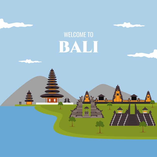 Vecteur bienvenue à bali indonésie belle vue avec un bâtiment historique célèbre pour les vacances de destination touristique bannières de voyage à bali visites illustration vectorielle plane isolée en personnage de dessin animé