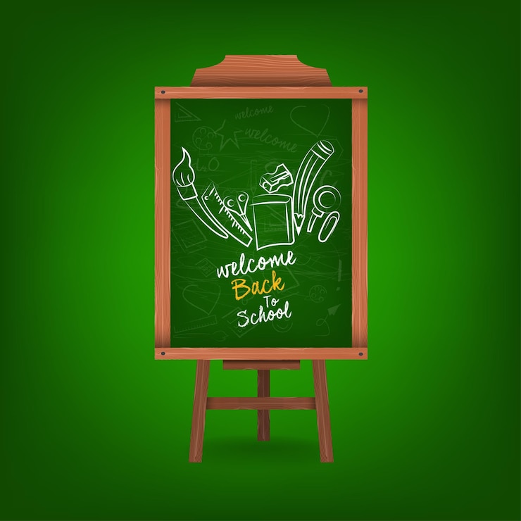 Vecteur bienvenue à l'école dessin de texte à la craie colorée sur tableau avec des articles et des articles scolaires