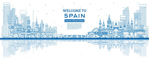 Bienvenue En Espagne Contour City Skyline Avec Des Bâtiments Bleus Et Des Reflets Architecture Historique Espagne Paysage Urbain Avec Points De Repère