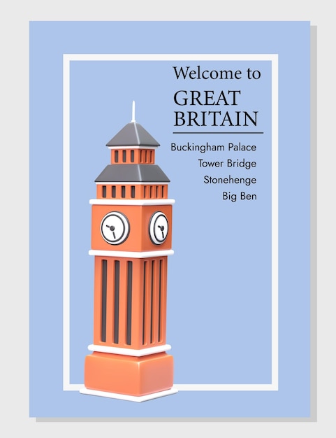 Bienvenue En Grande-bretagne Modèle D'invitation Touristique Avec Liste Des Attractions En Angleterre Carte Souvenir Affiche Avec 3d Big Ben Tip Pour Les Vacanciers De L'agence De Voyage Dans Un Style De Dessin Animé Mignon