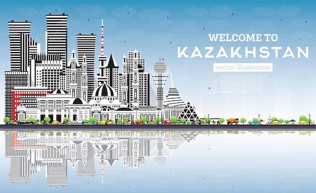 Vecteur bienvenue sur l'horizon de la ville de kazakhstan avec des bâtiments gris, un ciel bleu et des reflets