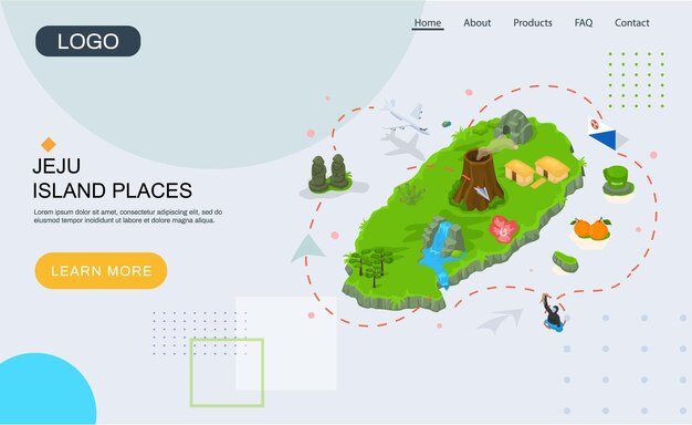 Vecteur bienvenue sur l'île de jeju en corée du sud, symboles de monuments traditionnels, endroit populaire pour les touristes en visite, concept de voyage sur l'île tropicale verte de jeju, terre coréenne avec des attractions traditionnelles