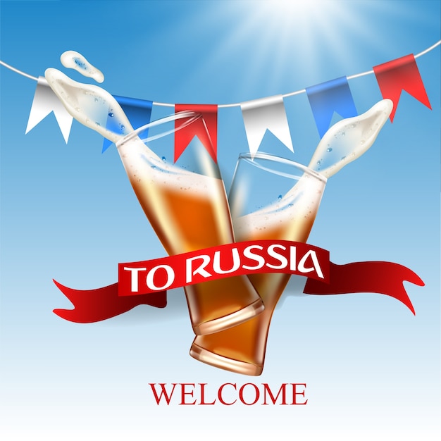 Bienvenue En Russie, Couleur Du Drapeau Russe Et éclaboussures De Bière Au Verre.