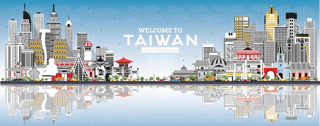 Bienvenue à Taiwan City Skyline avec des bâtiments gris, un ciel bleu et des reflets