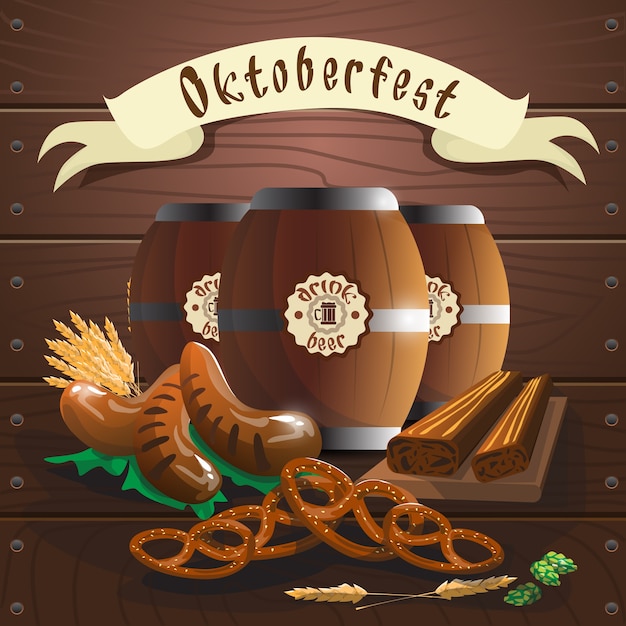 Vecteur bière barrel avec saucisse bretzel oktoberfest festival bannière