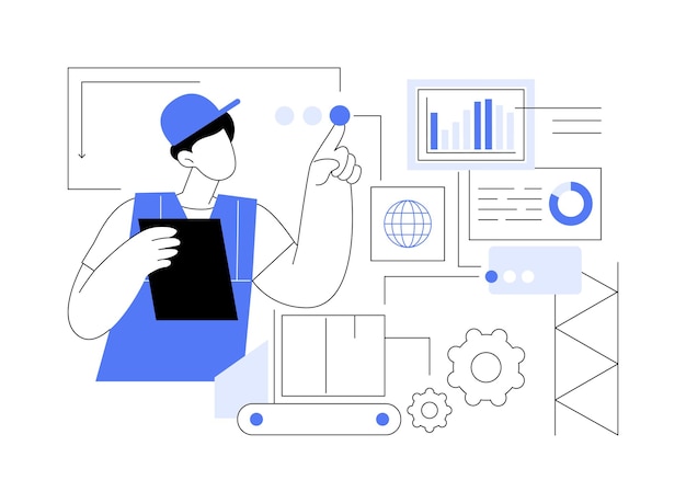 Big data dans la fabrication concept abstrait illustration vectorielle ouvrier d'usine utilisant des ressources naturelles big data technologie informatique apprentissage automatique industrie connexion réseau métaphore abstraite