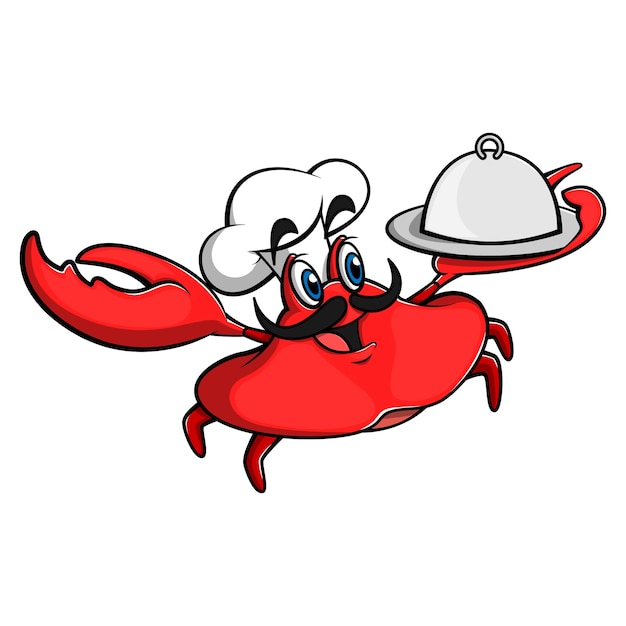 Vecteur big fat crab chef cartoon caractères sert une nourriture sur un plateau