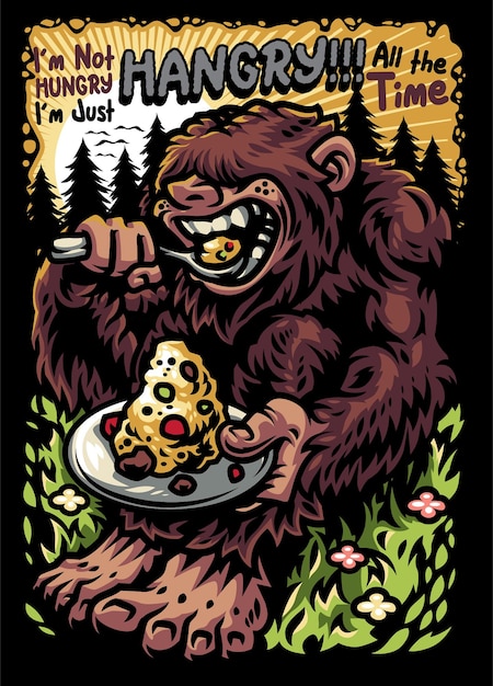 Vecteur big foot eat food illustration modèle pour impression isolé sur fond noir