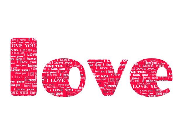 Big Pink Word LOVE, texte rempli isolé sur fond blanc Je t'aime avec différentes polices, illustration vectorielle, concept de conception pour la Saint-Valentin et les vacances