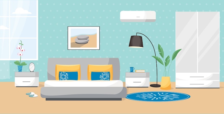Vecteur big set vector illustration d'une chambre. l'intérieur est peint dans un style plat. chambre confortable avec un lit, tables de chevet, armoire, fleurs, peintures au mur, climatisation.