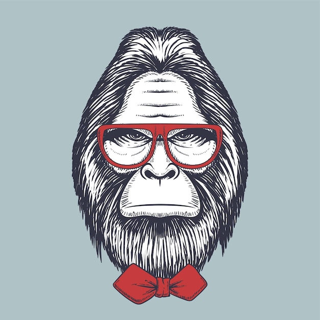 Bigfoot Dessiné à La Main Portant Des Lunettes Rouges Et Un Noeud Papillon