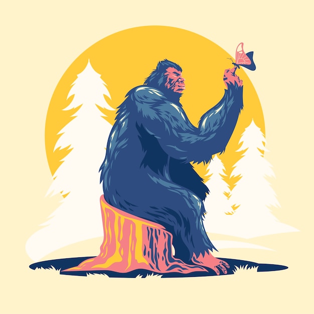Bigfoot jouant avec des papillons