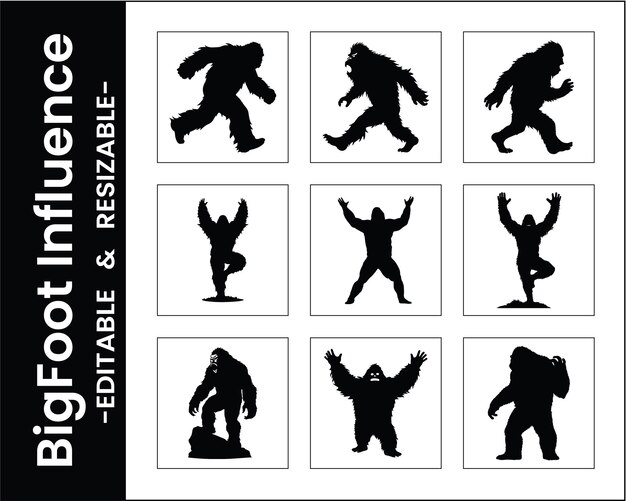 Bigfoot Sasquatch Silhouette Vector Set Editable And Resizable Stock Illustration