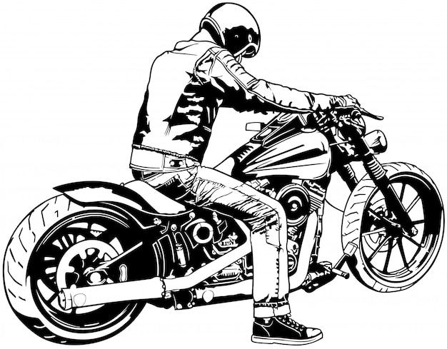 Biker noir et blanc sur une moto