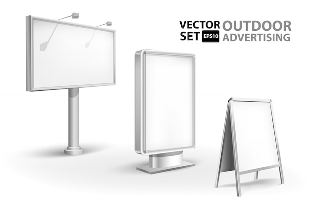 Vecteur billbord vide, stander et lightboxes isolés sur fond blanc. ensemble d'illustration de tamplates.