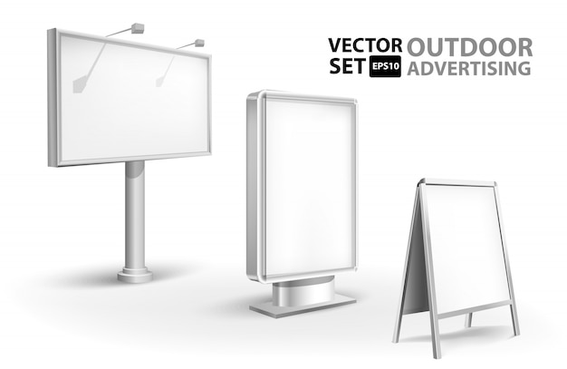 Billbord vide, stander et lightboxes isolés sur fond blanc. Ensemble d'illustration de tamplates.