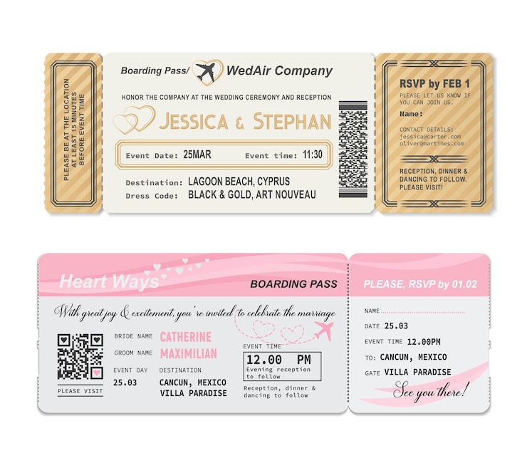 Vecteur billet de carte d'embarquement, modèle d'invitation de mariage à la fête de mariage