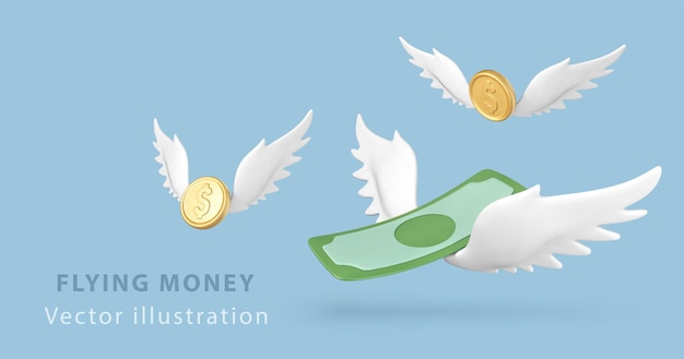 Un Billet De Dollar Vert Volant En 3d Et Des Pièces D'or Avec Des Ailes Blanches Concept Pour Les Sites Web D'affaires