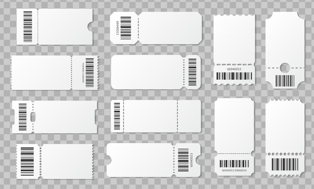 Billet vierge avec jeu de codes à barres. Modèle de billets de concert, de cinéma, de théâtre et d'embarquement, de loterie et de bons de réduction à bords ébouriffés