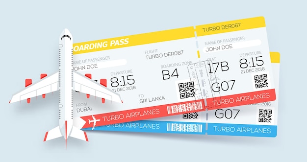 Vecteur billets de carte d'embarquement de la compagnie aérienne réservation de billets deux billets dans l'avion