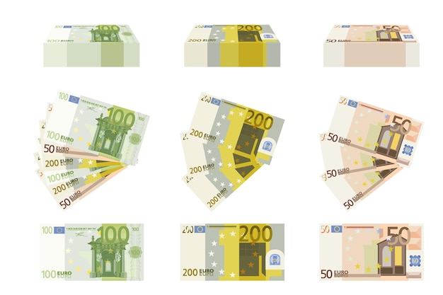 Vecteur billets en euros en argent affichés de différentes manières