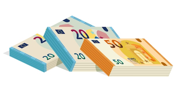Billets en euros argent européen monnaie papier billets isolé clipart sur fond blanc Vingt cinquante éléments de conception de trésorerie euro paiement de changement de capital