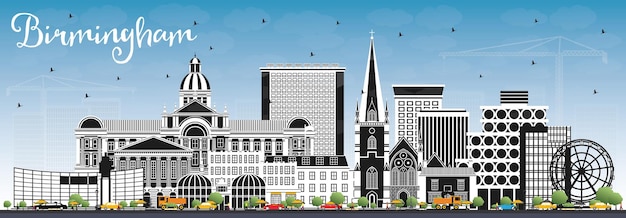 Vecteur birmingham uk city skyline avec des bâtiments de couleur et blue sky vector illustration birmingham cityscape avec des points de repère voyage d'affaires et concept de tourisme avec une architecture historique