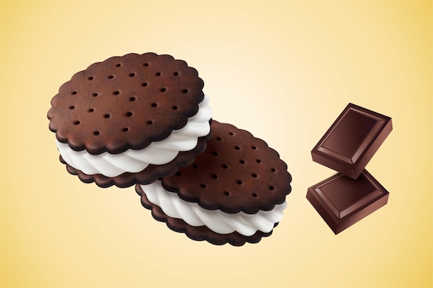 Vecteur biscuit sandwich au chocolat et à la vanille avec des ingrédients en illustration 3d