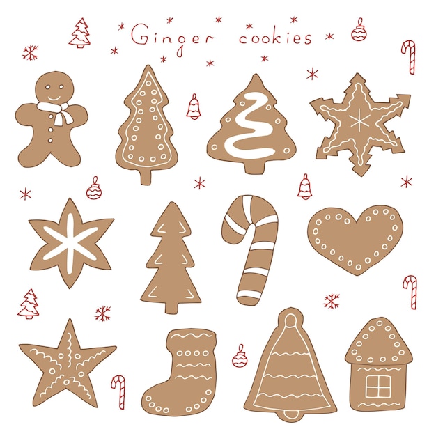 Vecteur biscuits au gingembre de noël mis illustration vectorielle dessin à la main