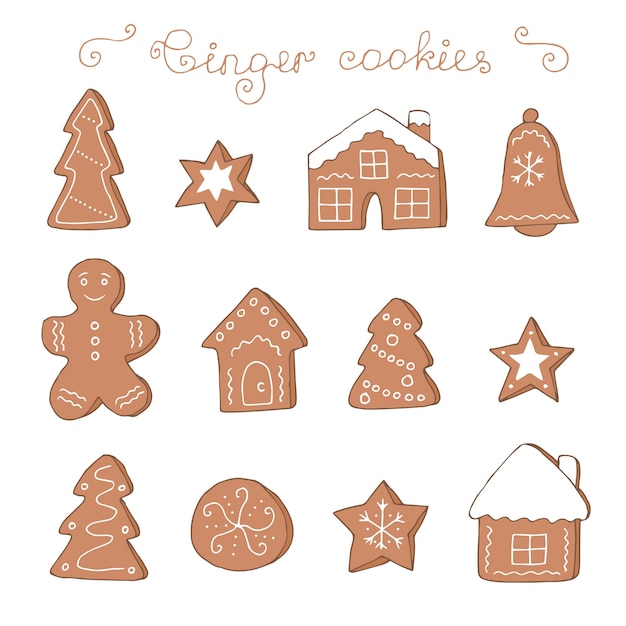 Vecteur biscuits au gingembre set illustration vectorielle dessin à la main