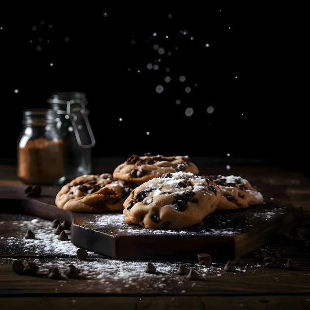 Biscuits au sucre saupoudrés de chocolat sur une planche de bois de cuisine à découper