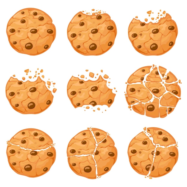 Biscuits à l'avoine cassés. Biscuit aux pépites de choco mordu de dessin animé avec des miettes. Biscuits croquants de forme ronde au chocolat faits maison. Ensemble de vecteurs de collation sucrée. Boulangerie savoureuse douce d'illustration, croquant délicieux frais