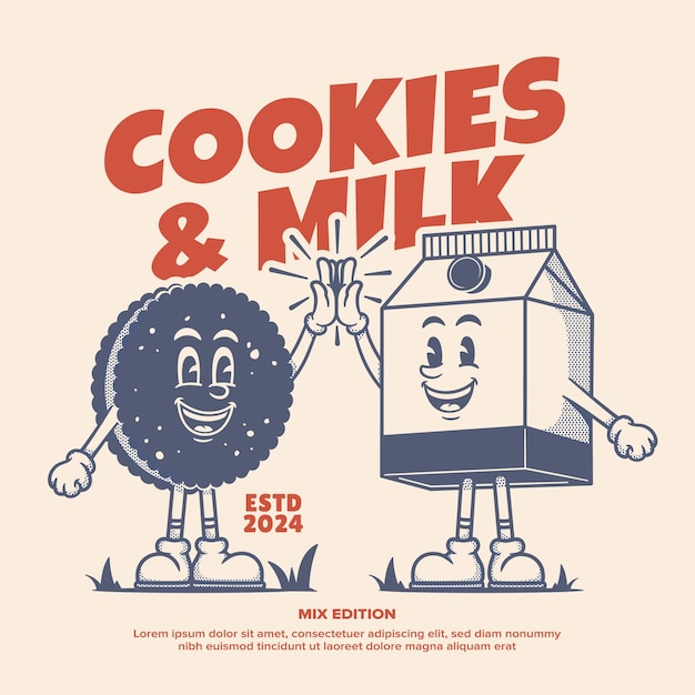 Vecteur les biscuits et le lait personnage de dessin animé rétro personnage de mascotte
